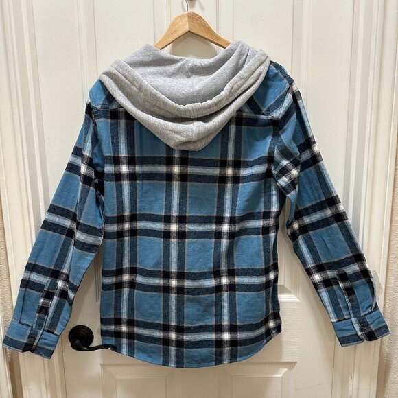 Quiksilver Men's Hooded Buttoned Flannel Shirt Size M Blue Plaid Y2K Grunge NEW - Picture 12 of 13